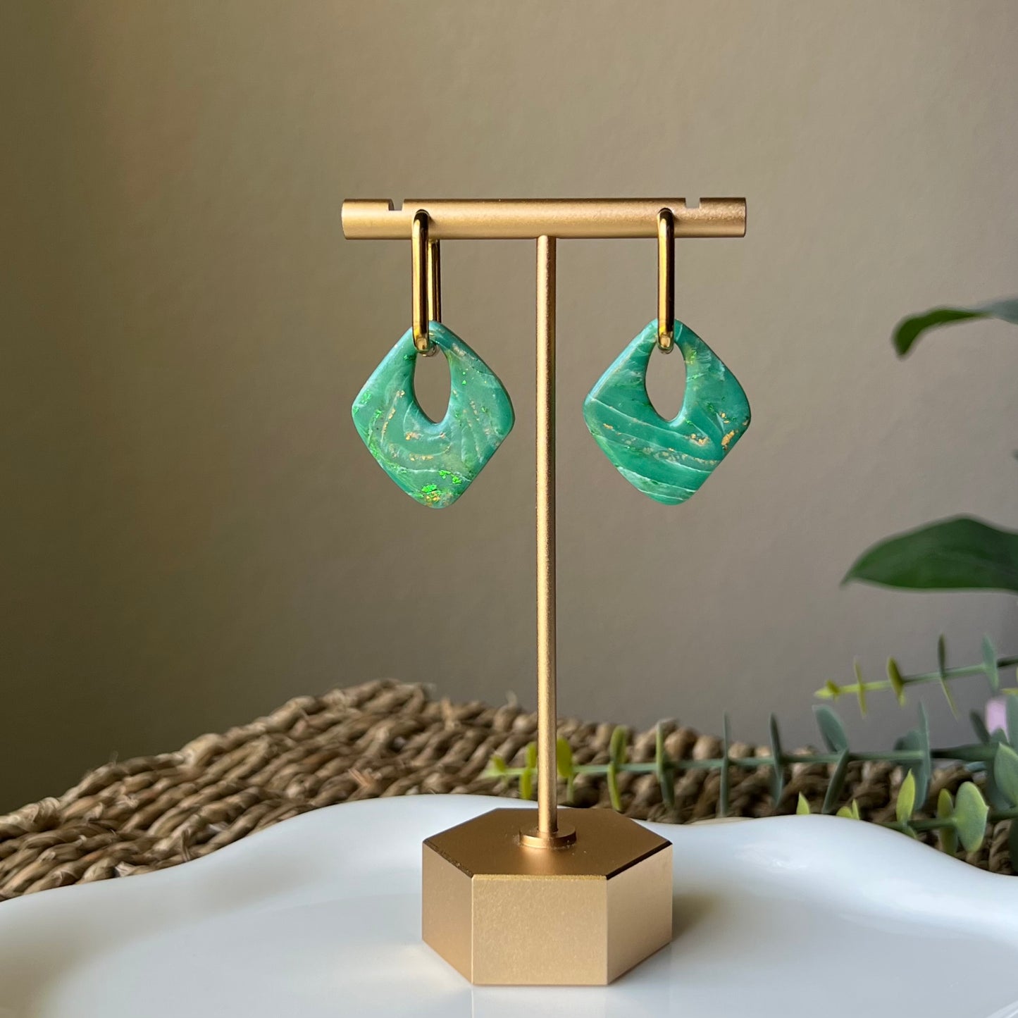 Green Marbled Huggie Hoop Polymer Clay Earrings