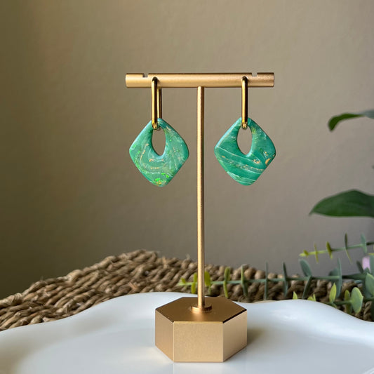 Green Marbled Huggie Hoop Polymer Clay Earrings