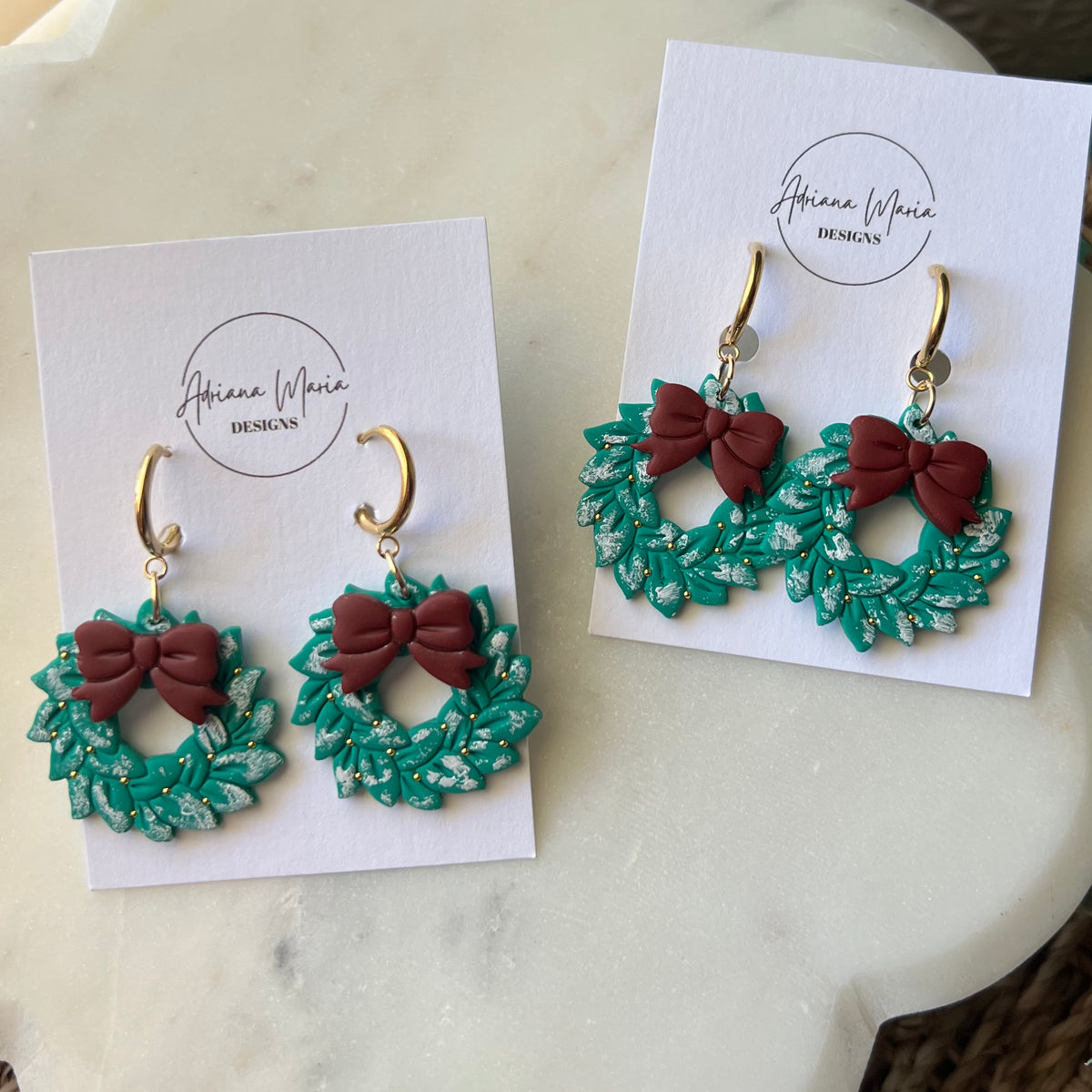 Snowy Green Christmas Wreath & Red Bow Clay Earrings