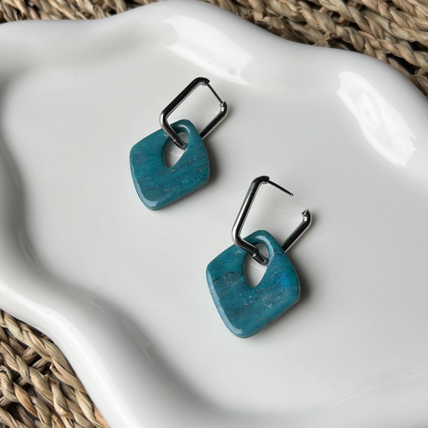 Turquoise Polymer Clay Square Huggie Hoop Earrings