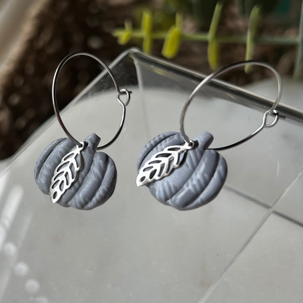 Gray Plaid Pumpkin Hoops with Silver Leaf Charms - Polymer Clay Earrings