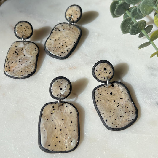 Neutral Marbled Organic Stone Polymer Clay Earrings – Black Speckled Lightweight Statement Dangles