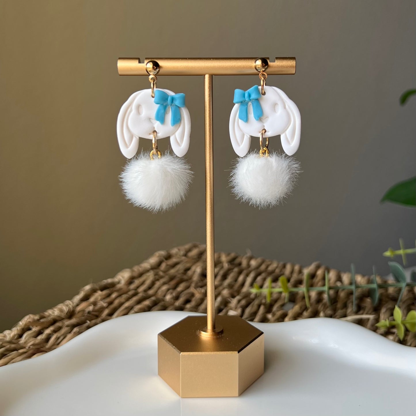 Bunny Face & Pom Pom Polymer Clay Earrings