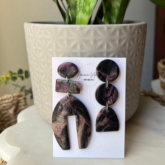 Polymer Clay Earrings - Midnight Magic: Asymmetrical Black & Purple Marbled Statement Dangles