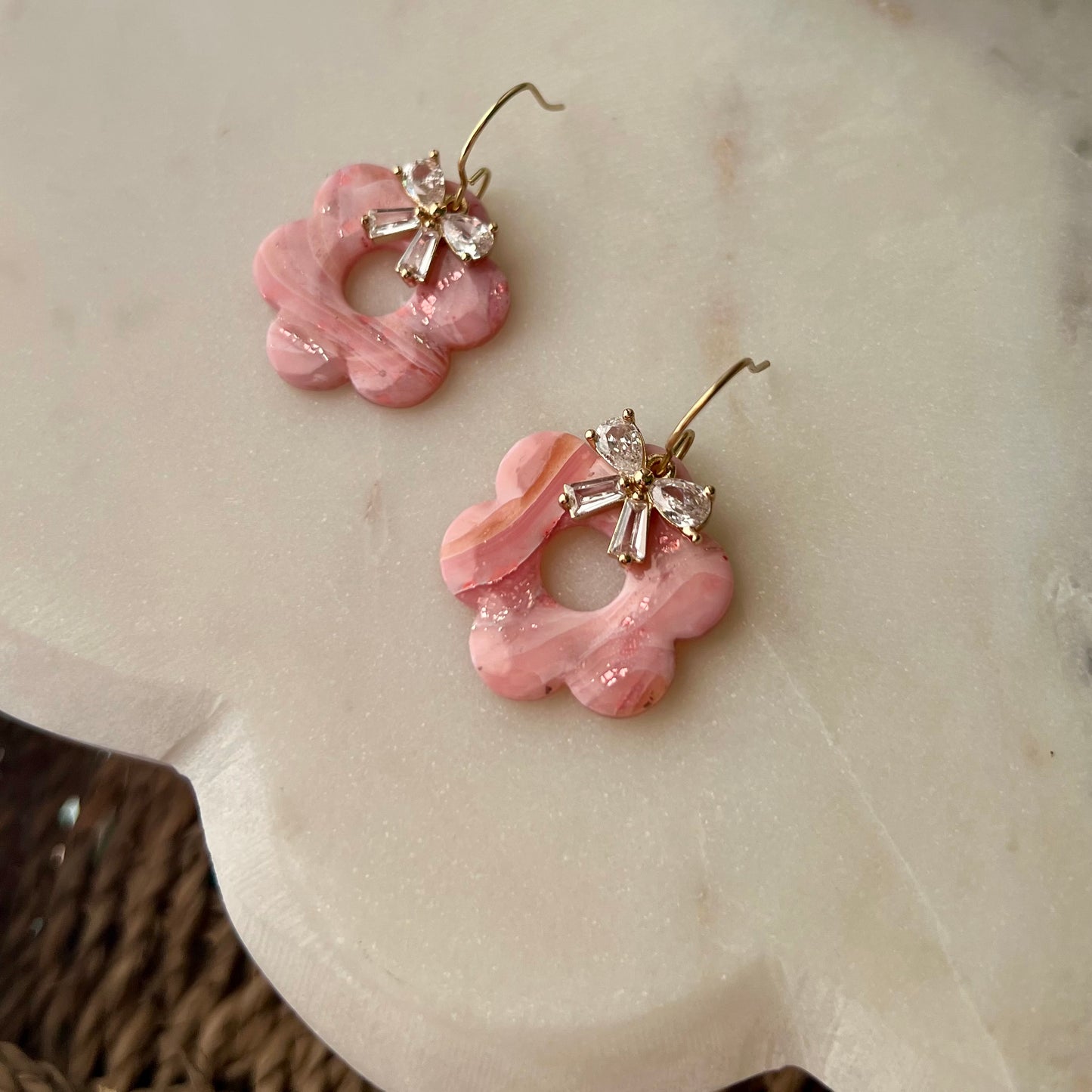 Polymer Clay Earrings - Rose Quartz Inspired Retro Flower with Cubic Zirconia Bow, Pink Marbled Dangles