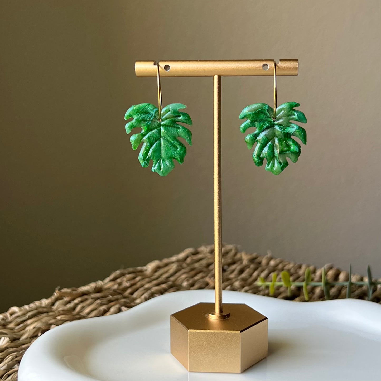 Green Marbled Monstera Leaf Polymer Clay Hoop Earrings