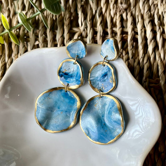 The Marina – Ocean Blue Marbled Polymer Clay Earrings | Gold Edge Statement Dangles