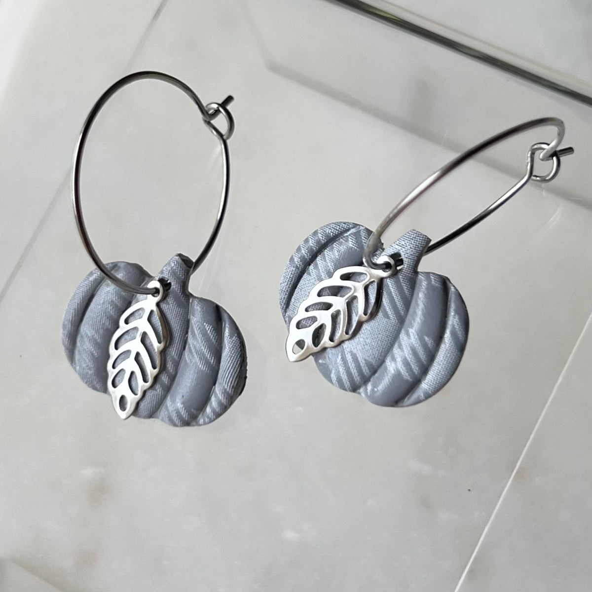 Gray Plaid Pumpkin Hoops with Silver Leaf Charms - Polymer Clay Earrings
