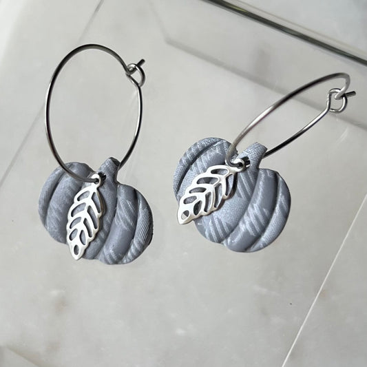 Gray Plaid Pumpkin Hoops with Silver Leaf Charms - Polymer Clay Earrings