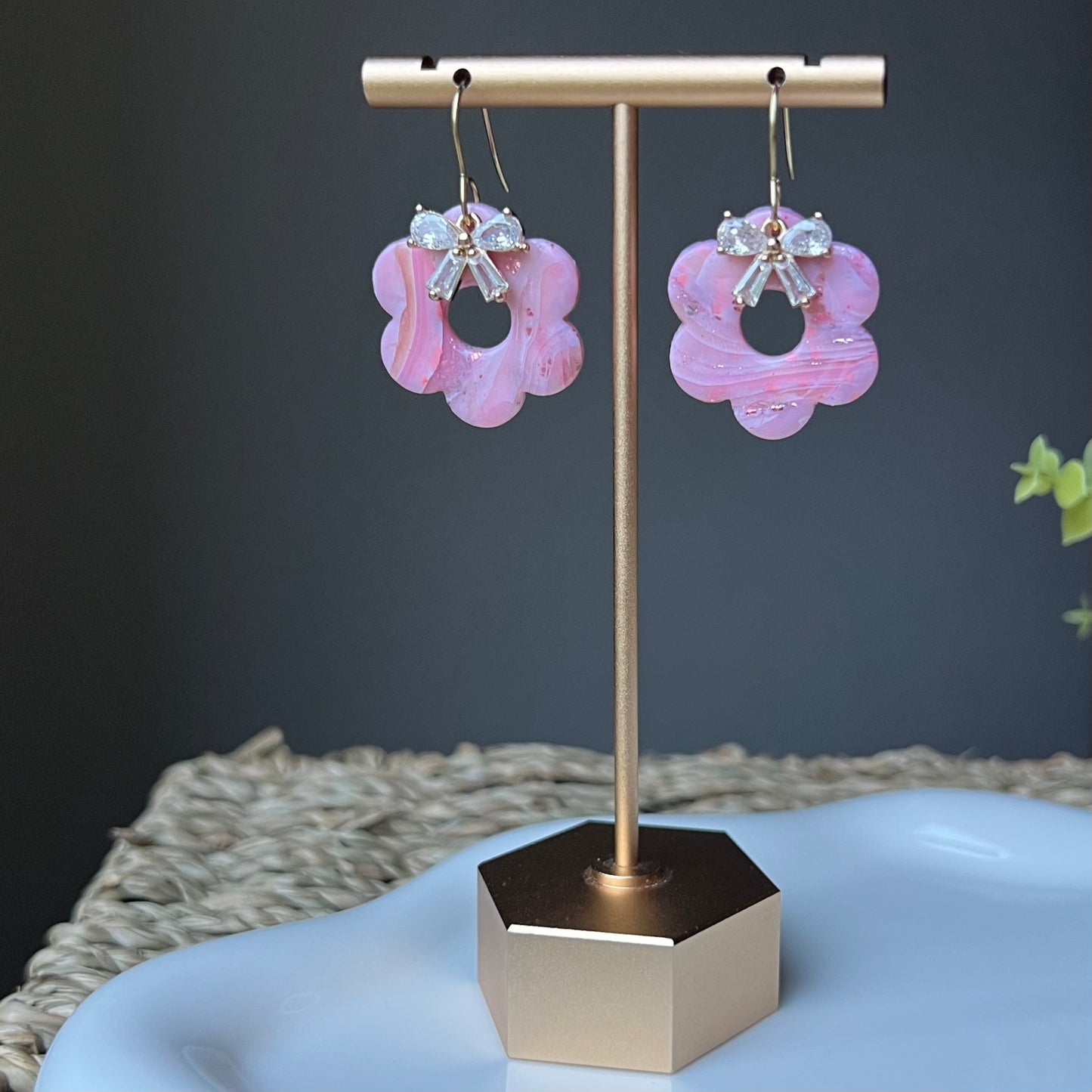 Pink Rose Quartz Inspired Retro Flower Polymer Clay Earrings with Cubic Zirconia Bow