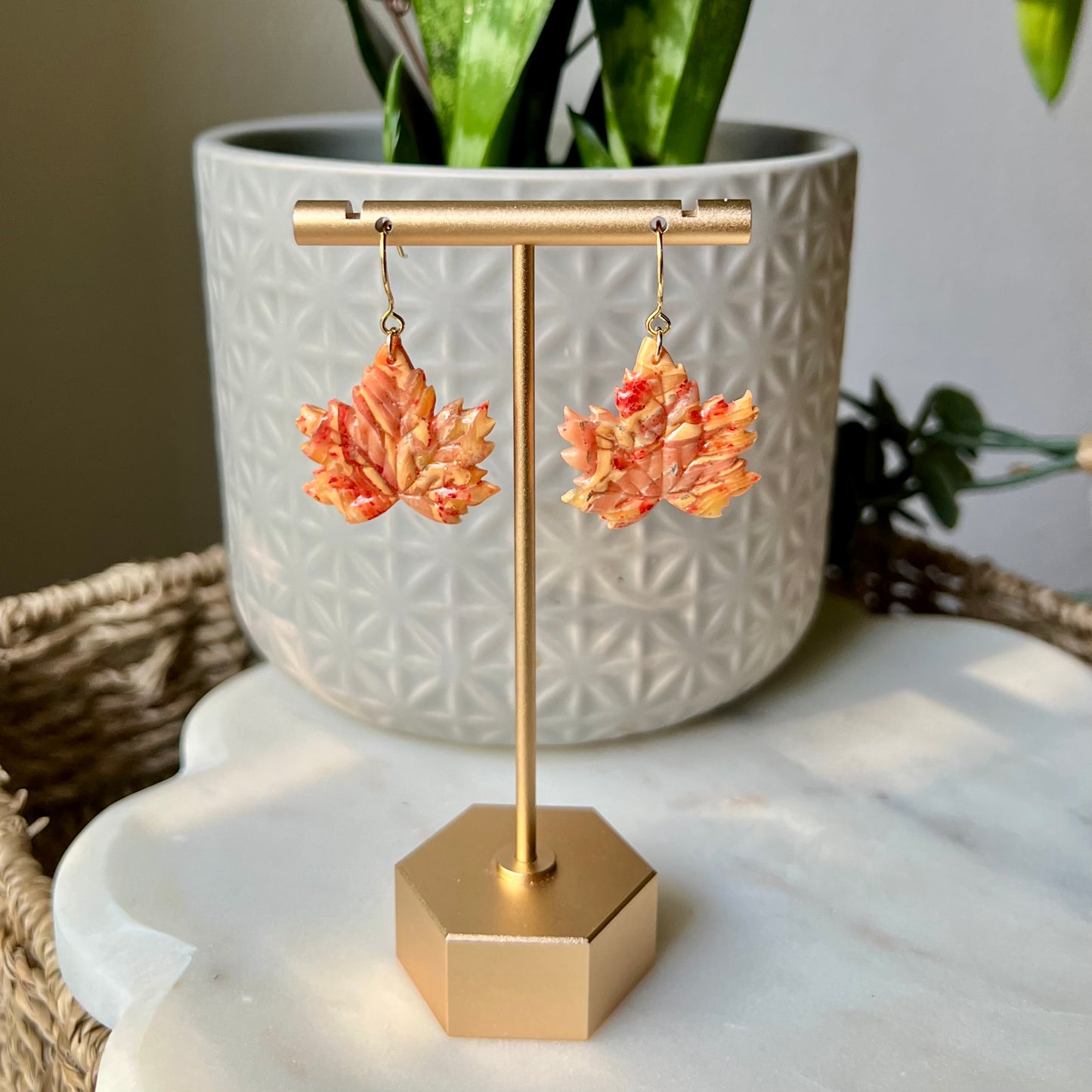 Golden Ember Maple Leaf Polymer Clay Dangle Earrings