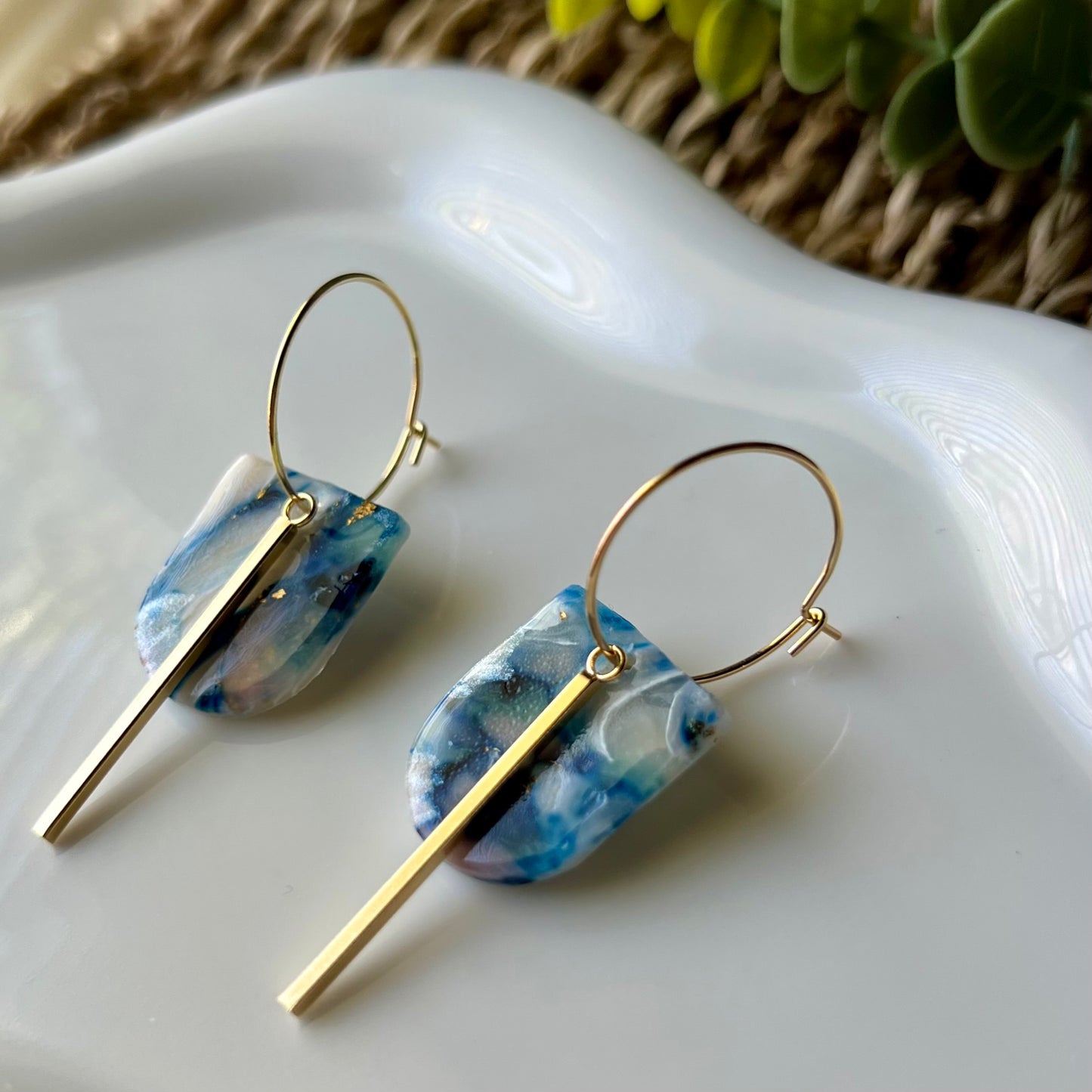 Coastal Blue Marbled Polymer Clay Hoop Earrings