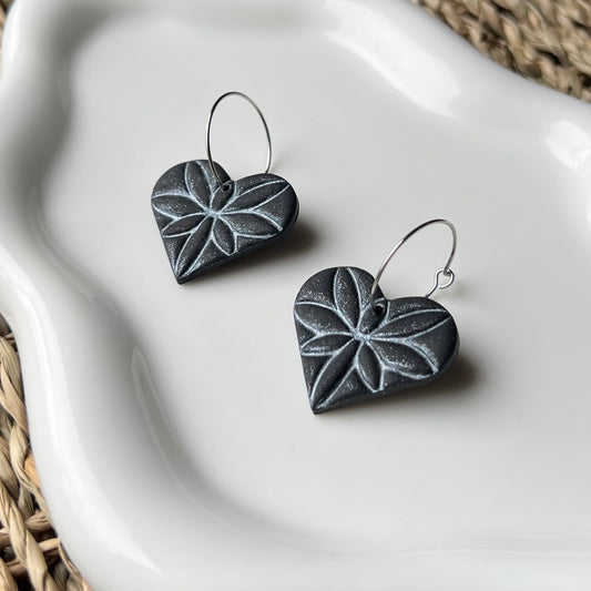 Black & Silver Heart Clay Hoop Earrings