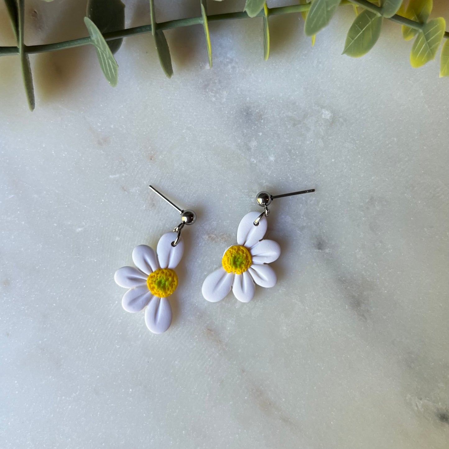 White Half Daisy Polymer Clay Dangle Earrings
