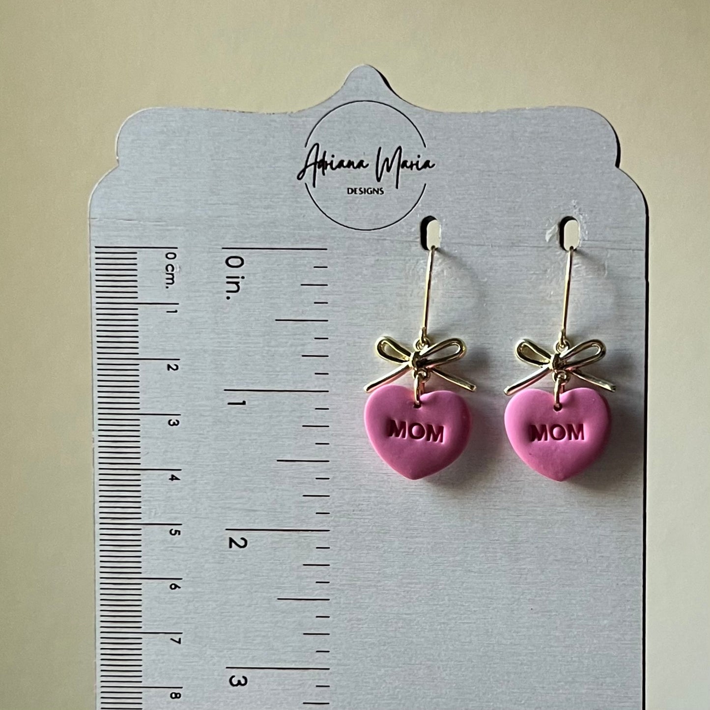 Blush Pink Mom Heart Polymer Clay Earrings with Bow, Mother’s Day Gift, Lightweight Dangles