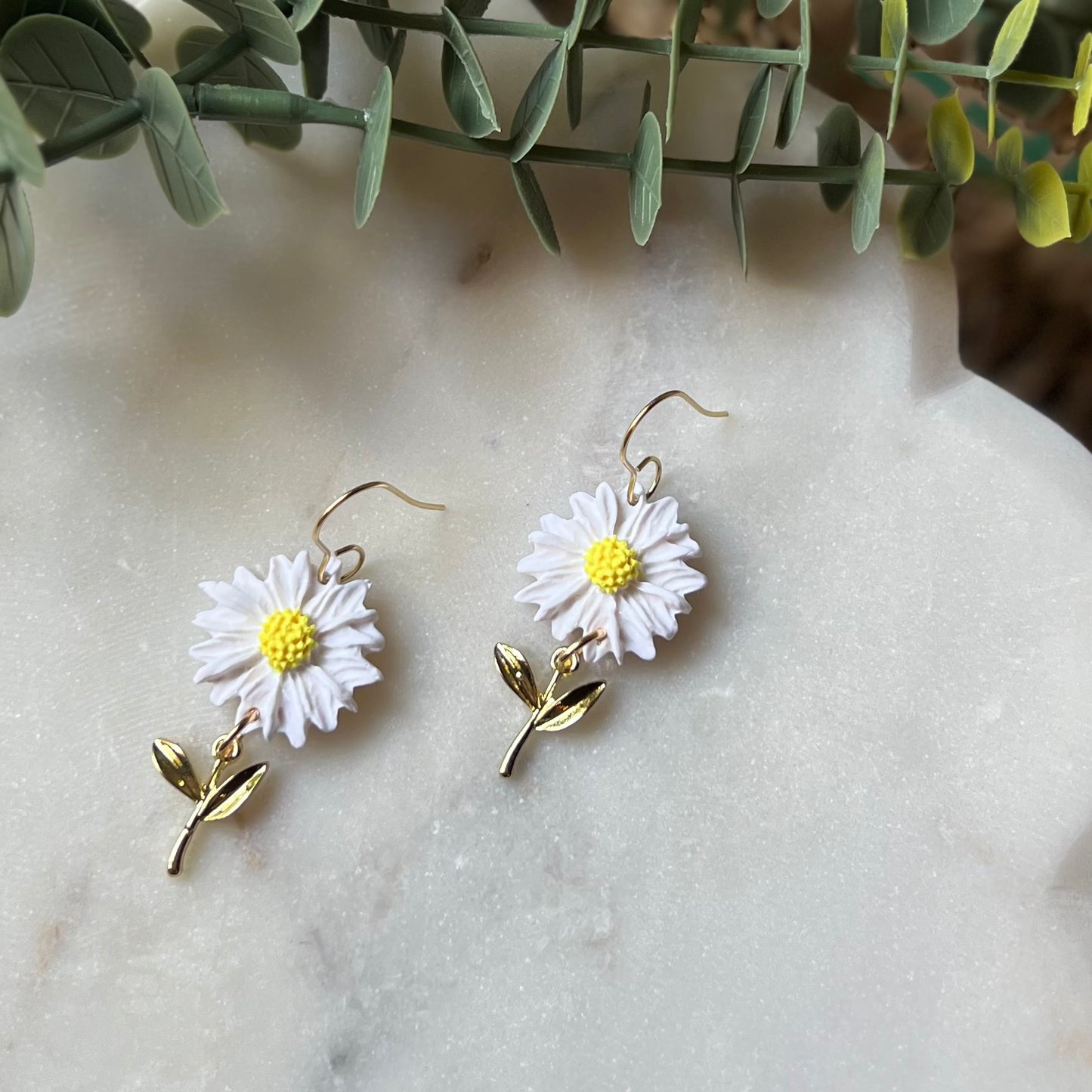 Spring White Daisy Flower Polymer Clay Earrings with gold stem, lightweight dangles