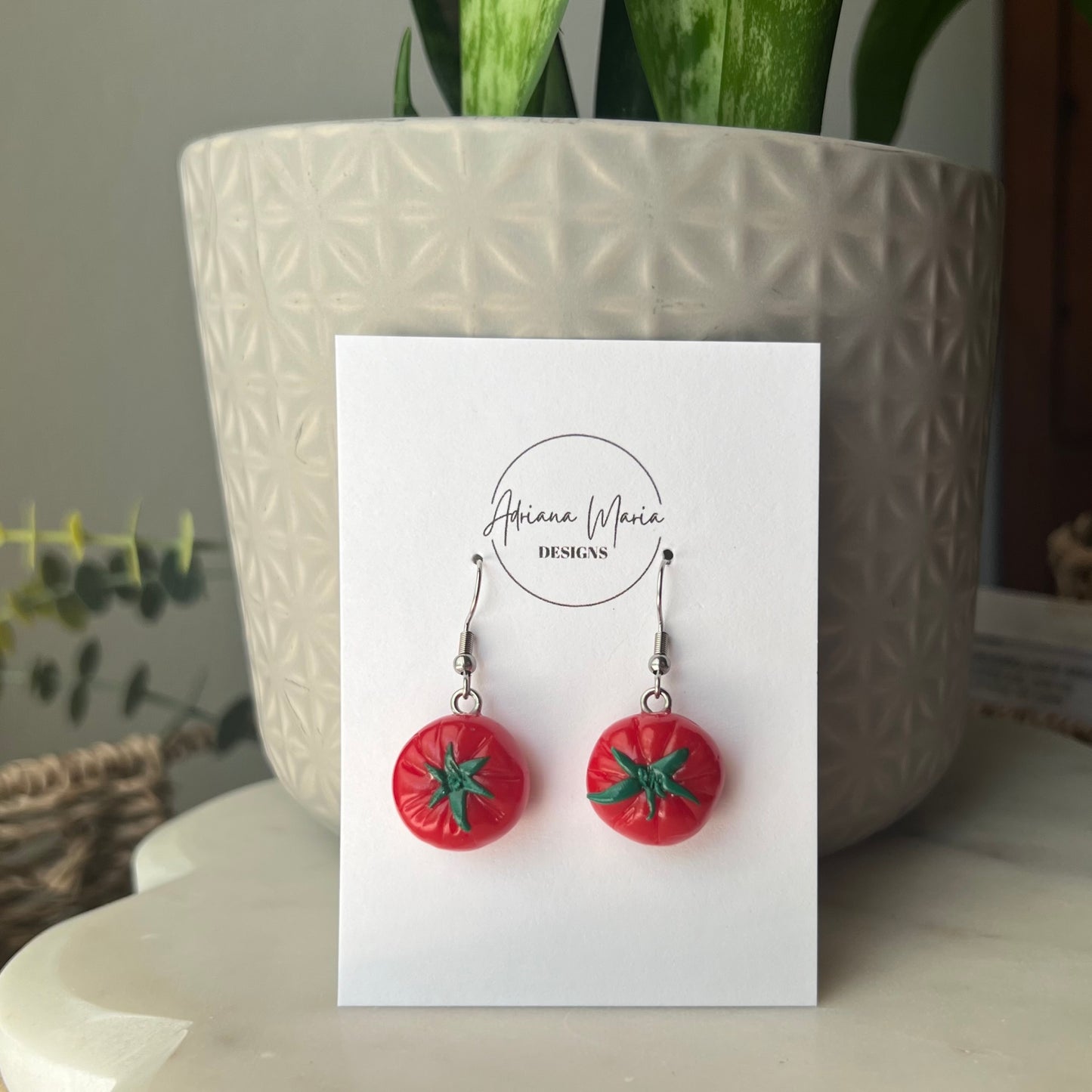 Red Beefsteak Tomatoes Polymer Clay Dangle Earrings, Miniature Food