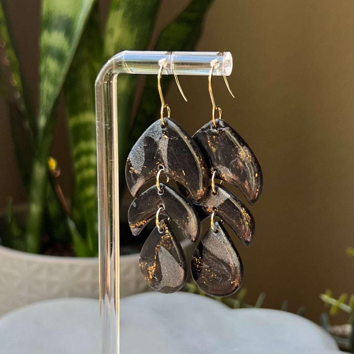 Black Marbled Polymer Clay Dangle Earrings