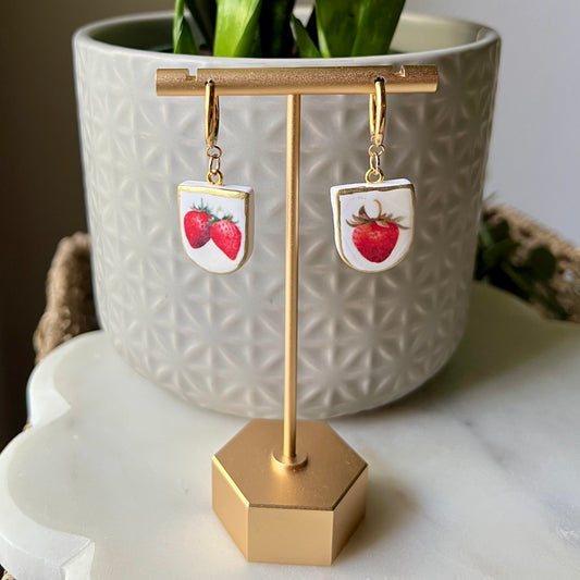 Strawberry Print Charm Polymer Clay Earrings, Huggie Hoops