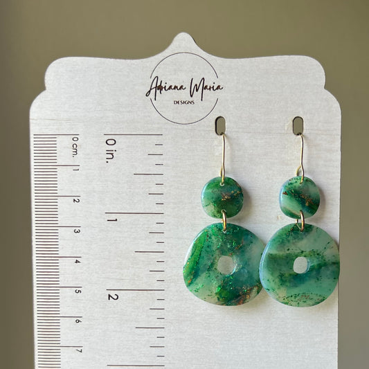 Polymer Clay Earrings - Green & Gold Marbled Organic Circle Lightweight Dangles