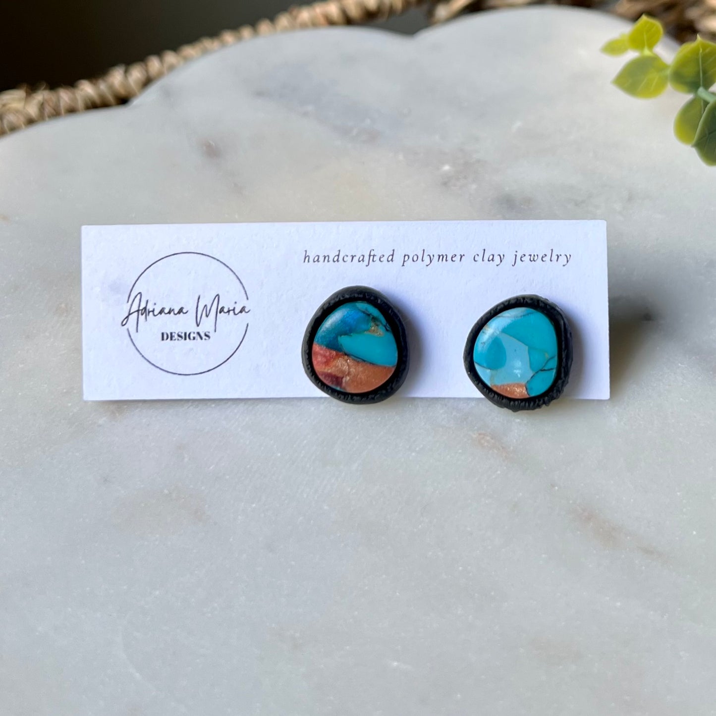 Turquoise Stone inspired Polymer Clay Bezel Stud Earrings, lightweight, western style