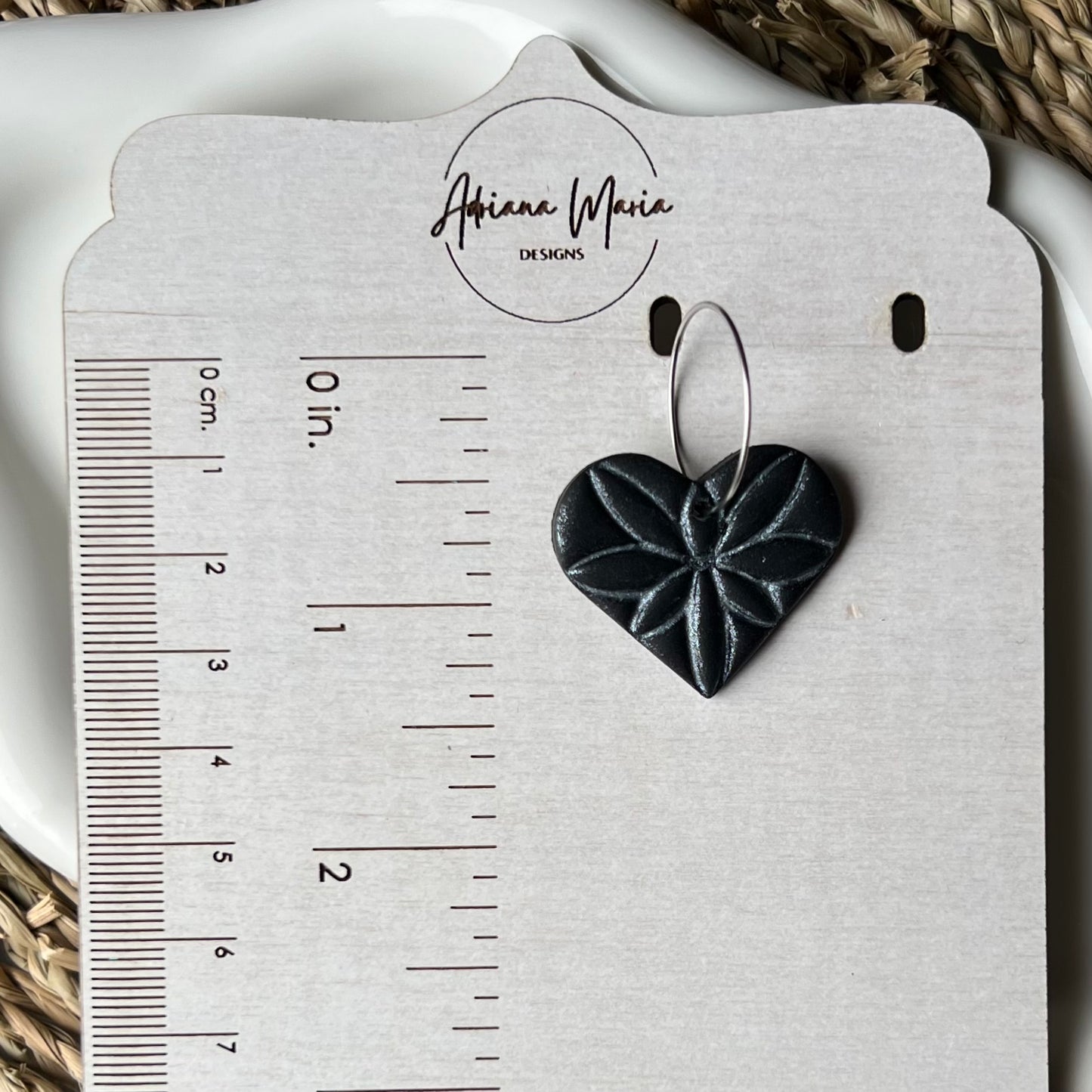 Black & Silver Heart Clay Hoop Earrings