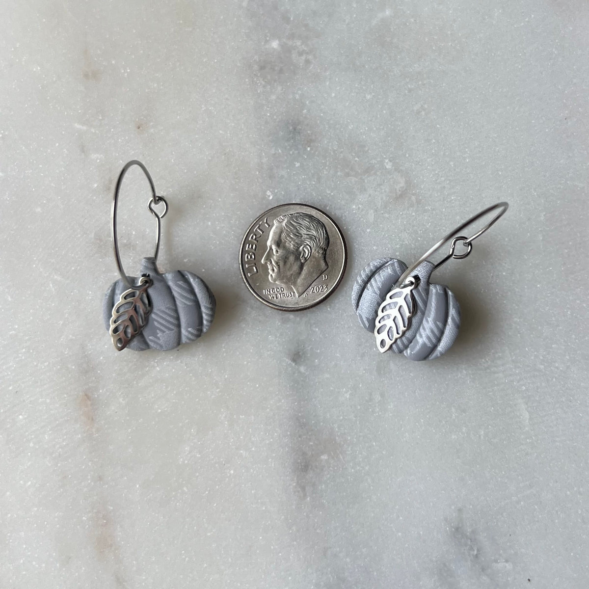 Gray Plaid Pumpkin Hoops with Silver Leaf Charms - Polymer Clay Earrings