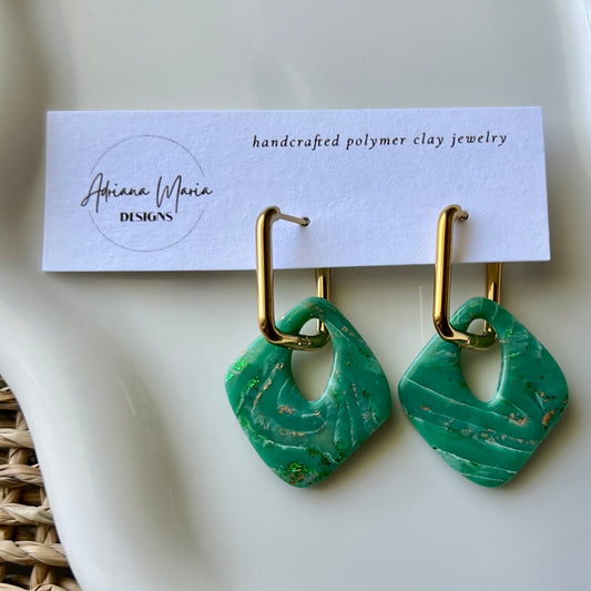 Green Marbled Huggie Hoop Polymer Clay Earrings