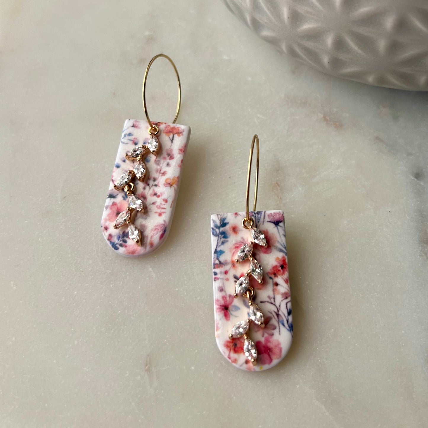 Wildflower Bloom Arch Polymer Clay Earrings with Cubic Zirconia Vine