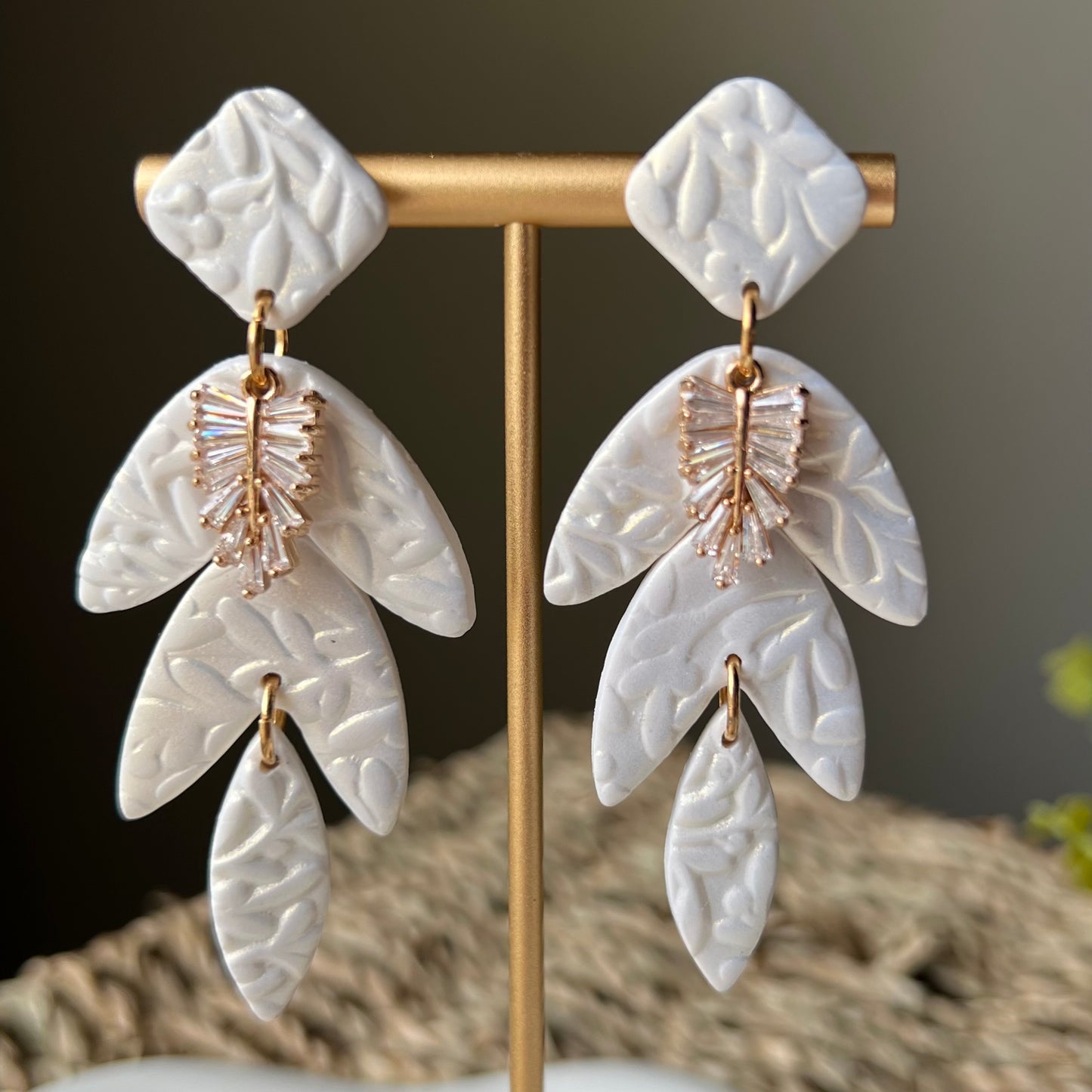 Bridal Collection: Pearly White Floral Textured Foliage Polymer Clay Earrings