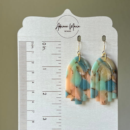 Polymer Clay Earrings - Marbled Tiered Arch, Lightweight Dangles