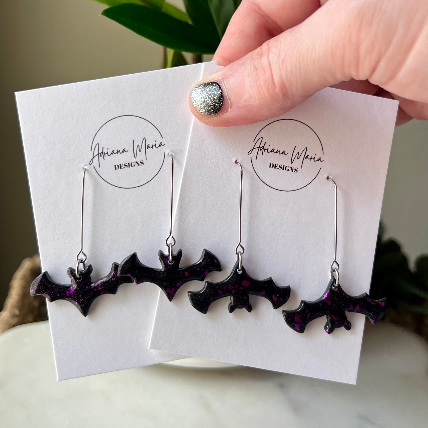 Black & Purple Bats Polymer Clay Dangle Earrings