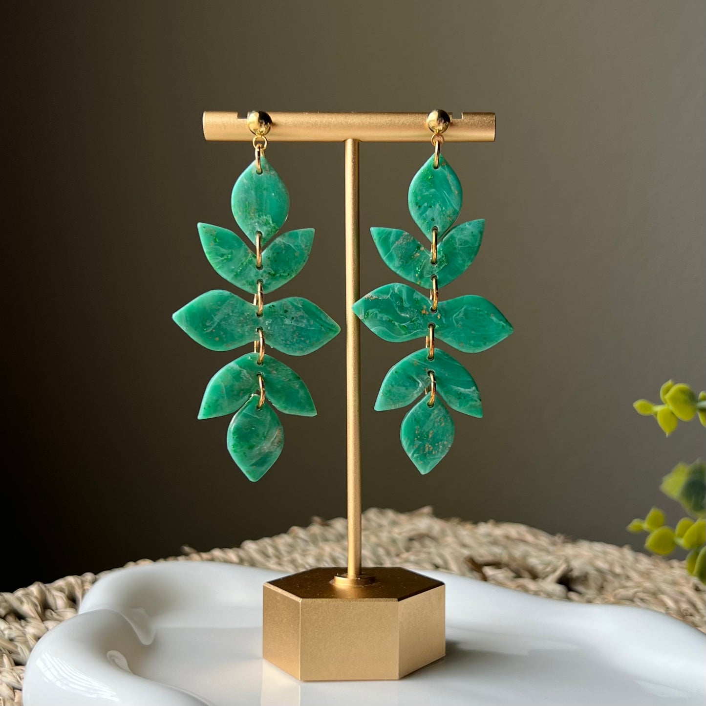 Emerald Green Marbled Polymer Clay Statement Earrings