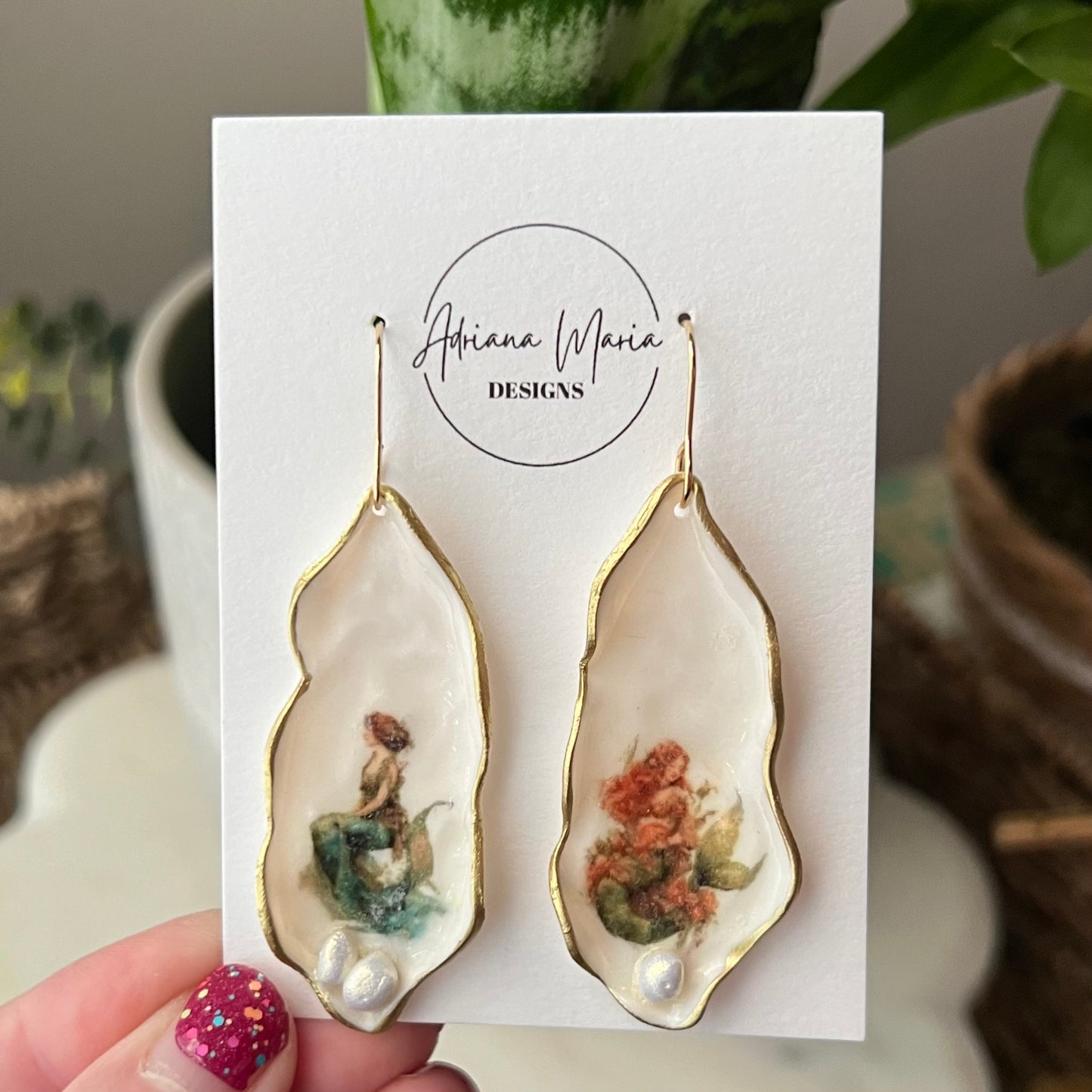 Oyster Clay Earrings with Whimsical Mermaid Print, Lightweight Dangles