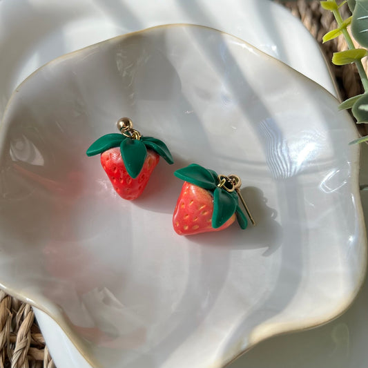 Mini Red Strawberry Polymer Clay Dangle Earrings
