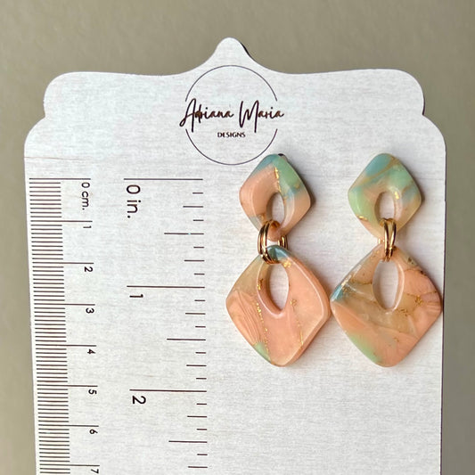 Polymer Clay Earrings - Peach & Teal Marbled Lightweight Dangles