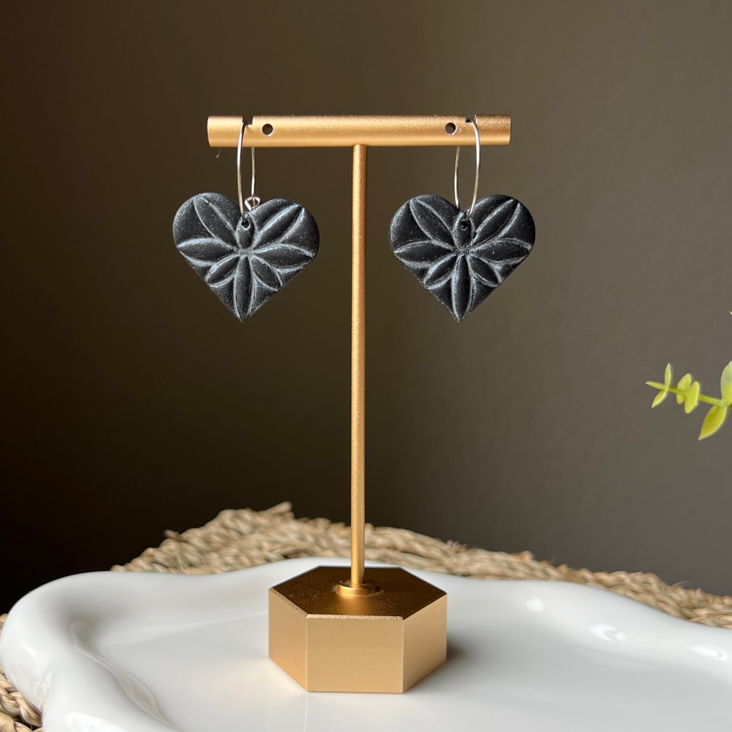 Black & Silver Heart Clay Hoop Earrings