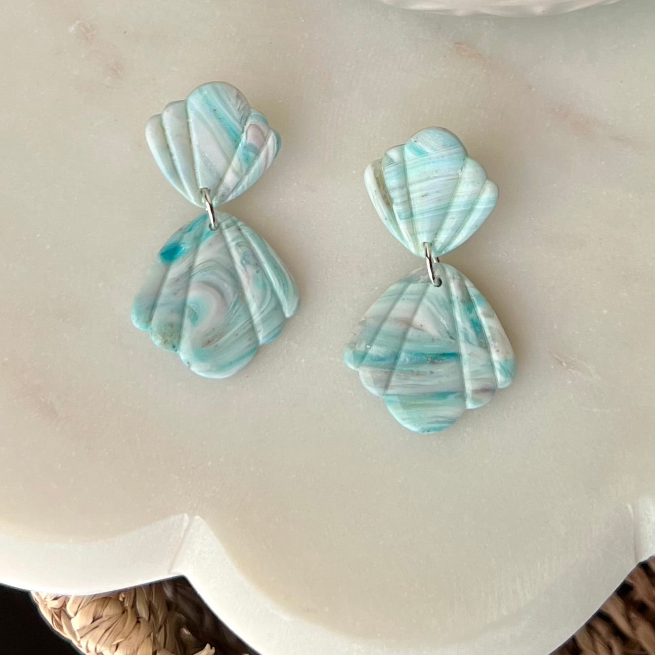 Seafoam Cascade Seashell Polymer Clay Earrings, Lightweight Dangles