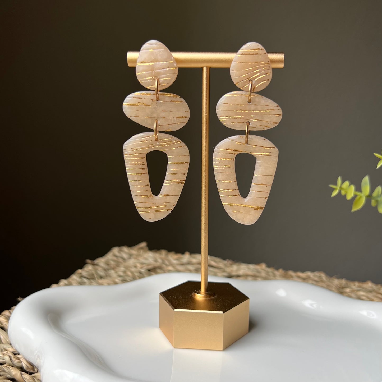 Beige Translucent Polymer Clay Statement Earrings