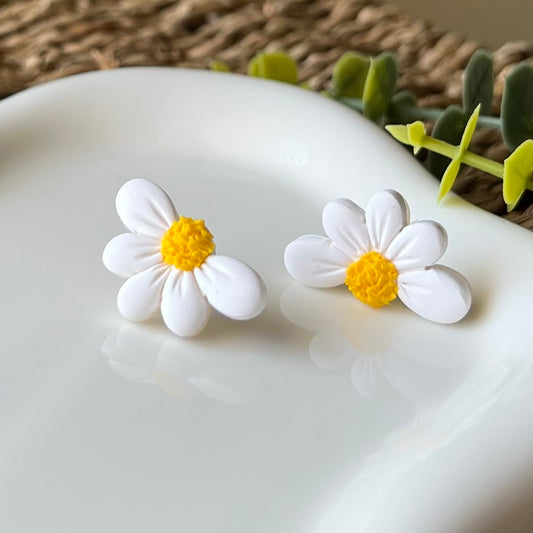 White Half Daisy Polymer Clay Stud Earrings