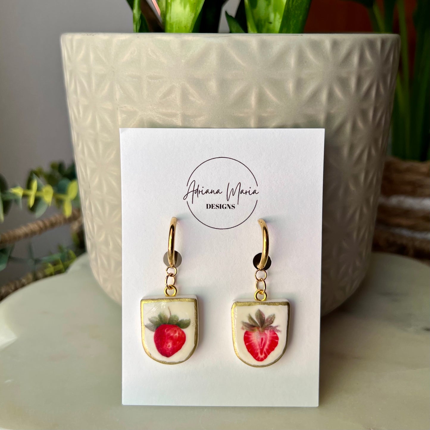 Strawberry Print Charm Polymer Clay Earrings, Huggie Hoops