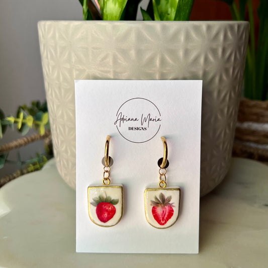 Strawberry Print Charm Polymer Clay Earrings, Huggie Hoops