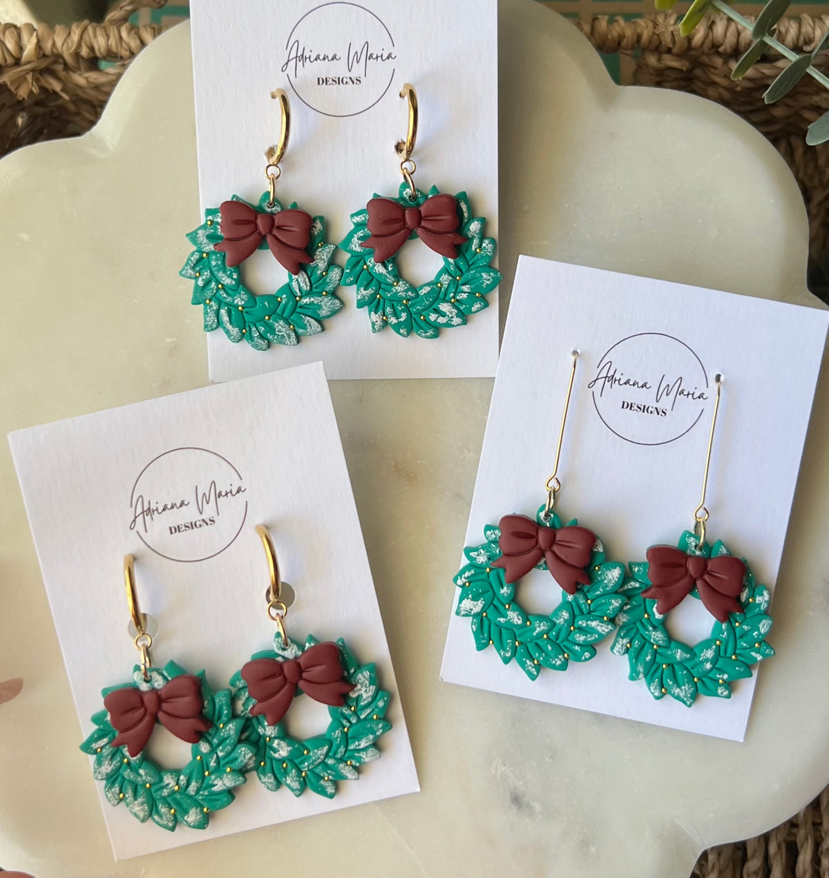 Snowy Green Christmas Wreath & Red Bow Clay Earrings