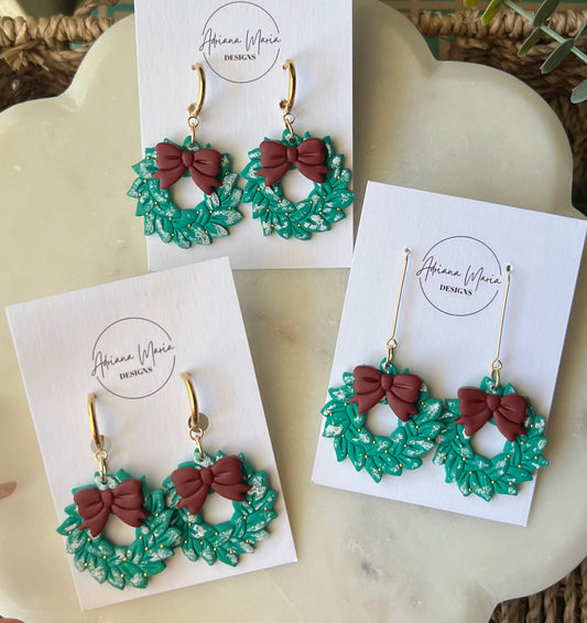 Snowy Green Christmas Wreath & Red Bow Clay Earrings