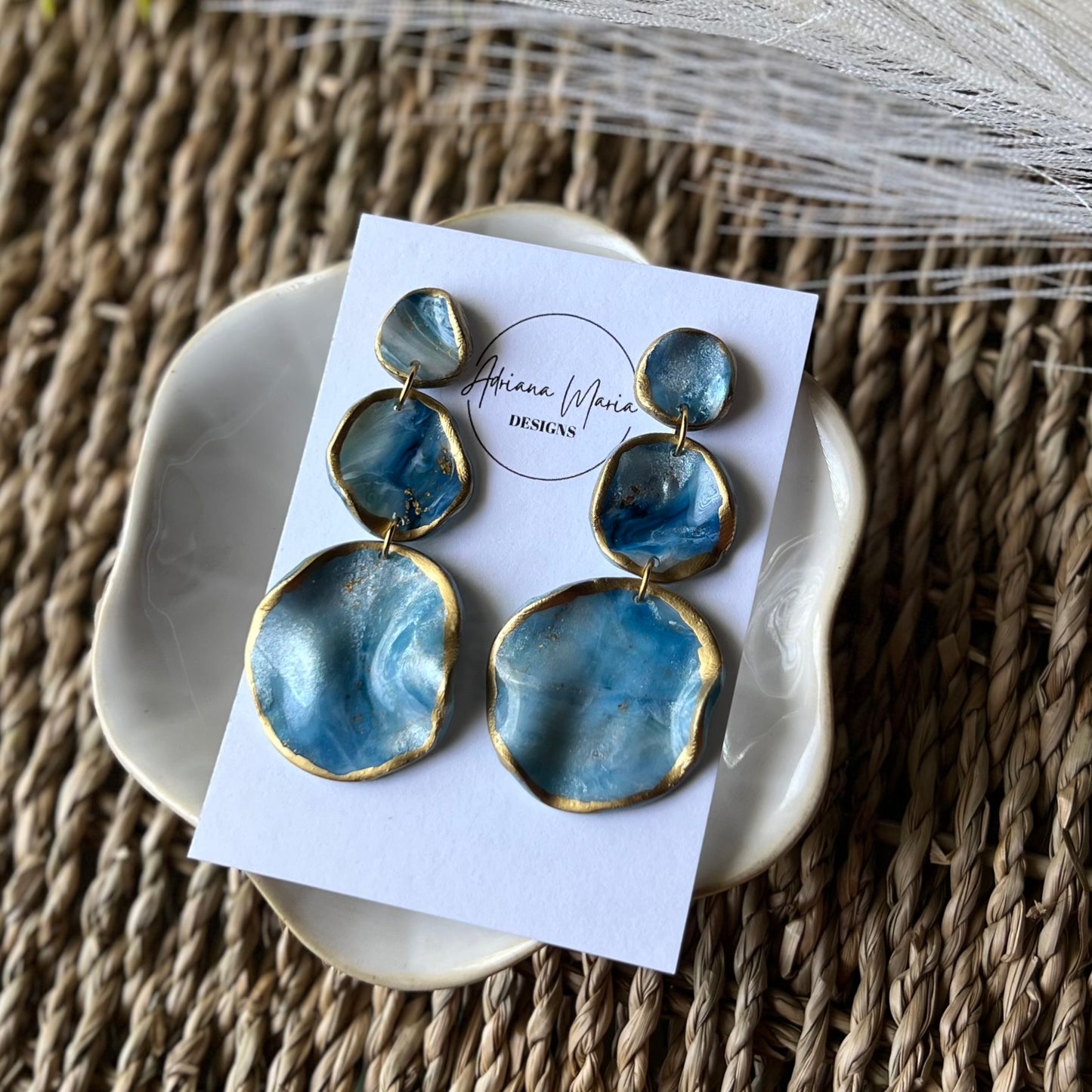 The Marina – Ocean Blue Marbled Polymer Clay Earrings | Gold Edge Statement Dangles