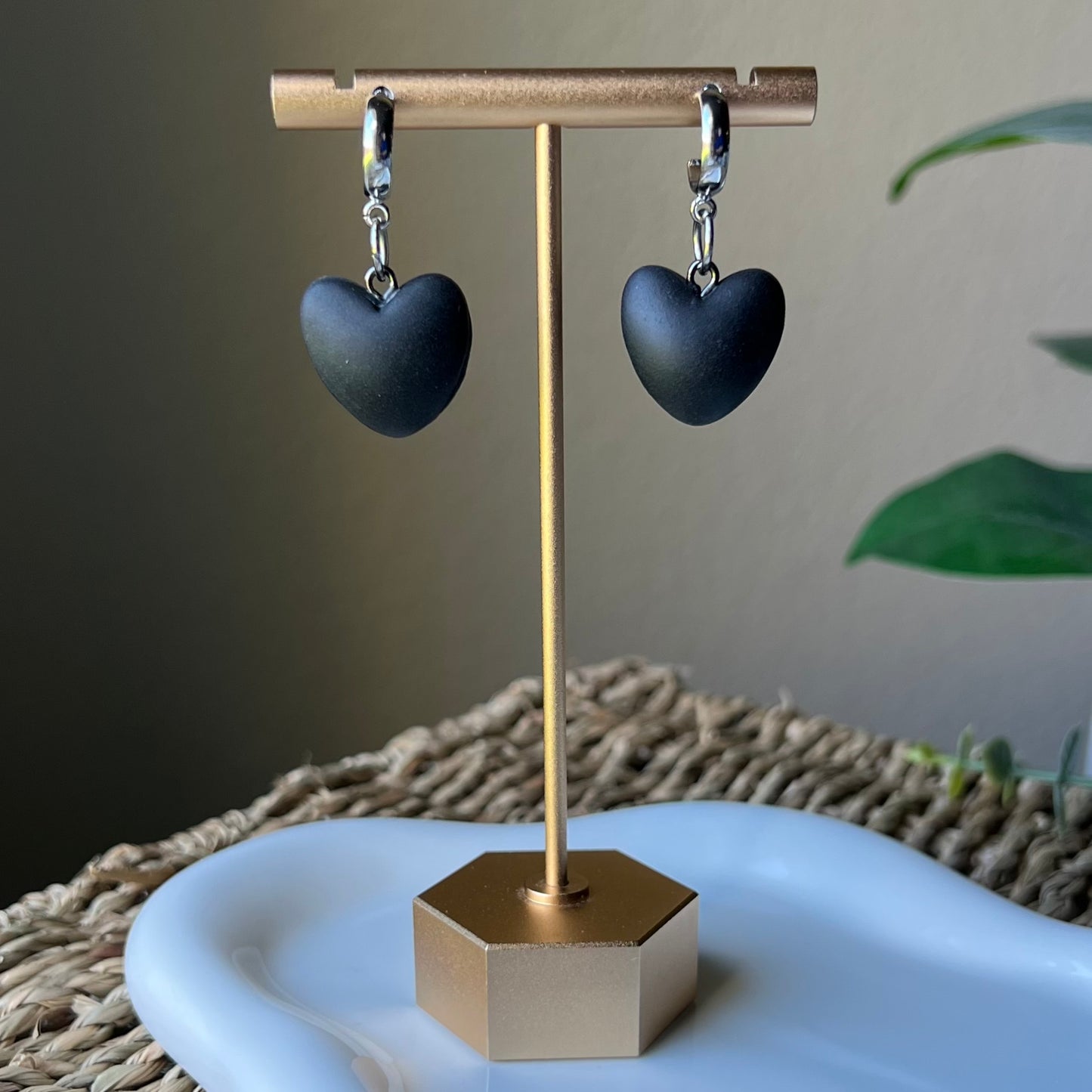 Black Puffy Heart Clay Half Hoop Earrings