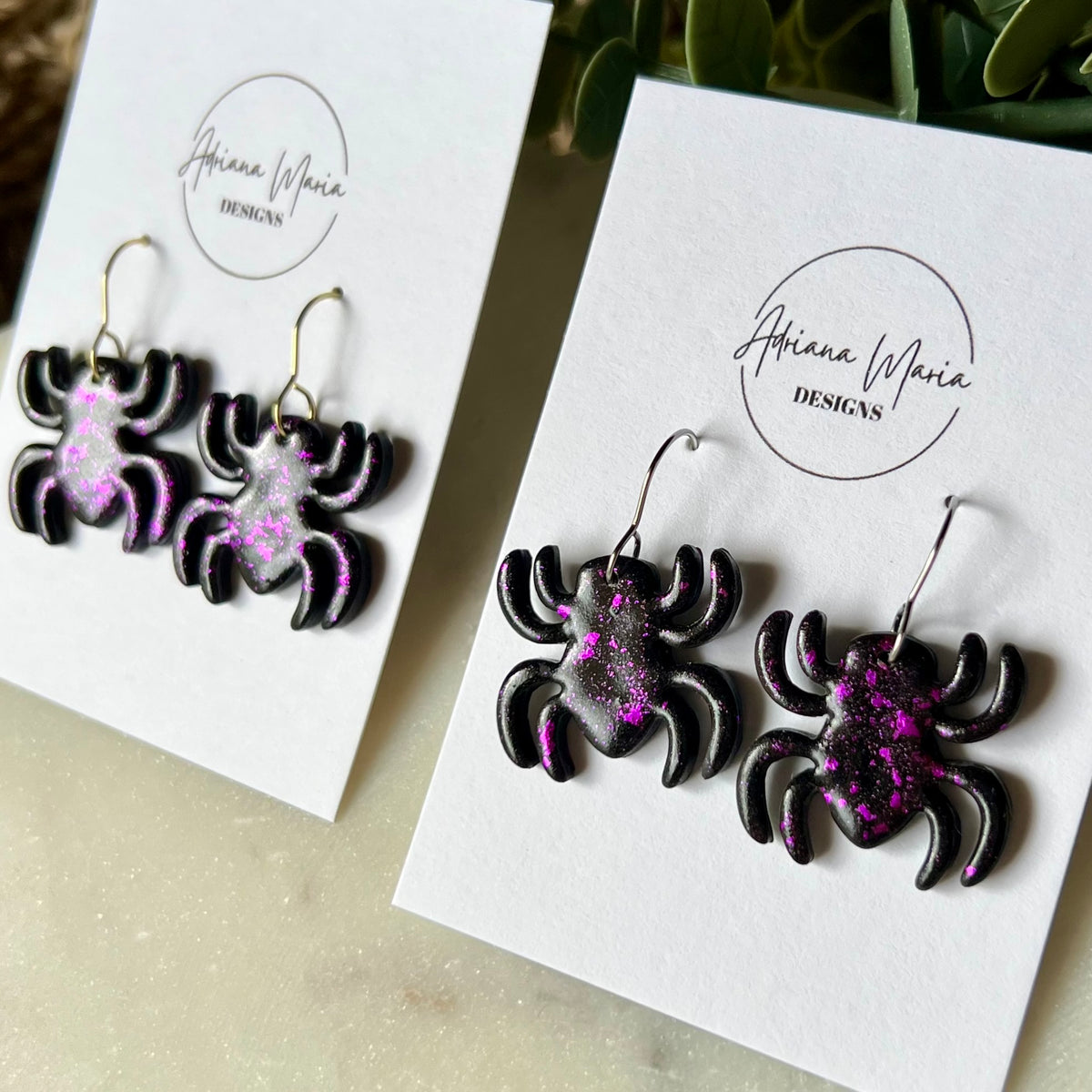 Black & Purple Spider Polymer Clay Dangle Earrings