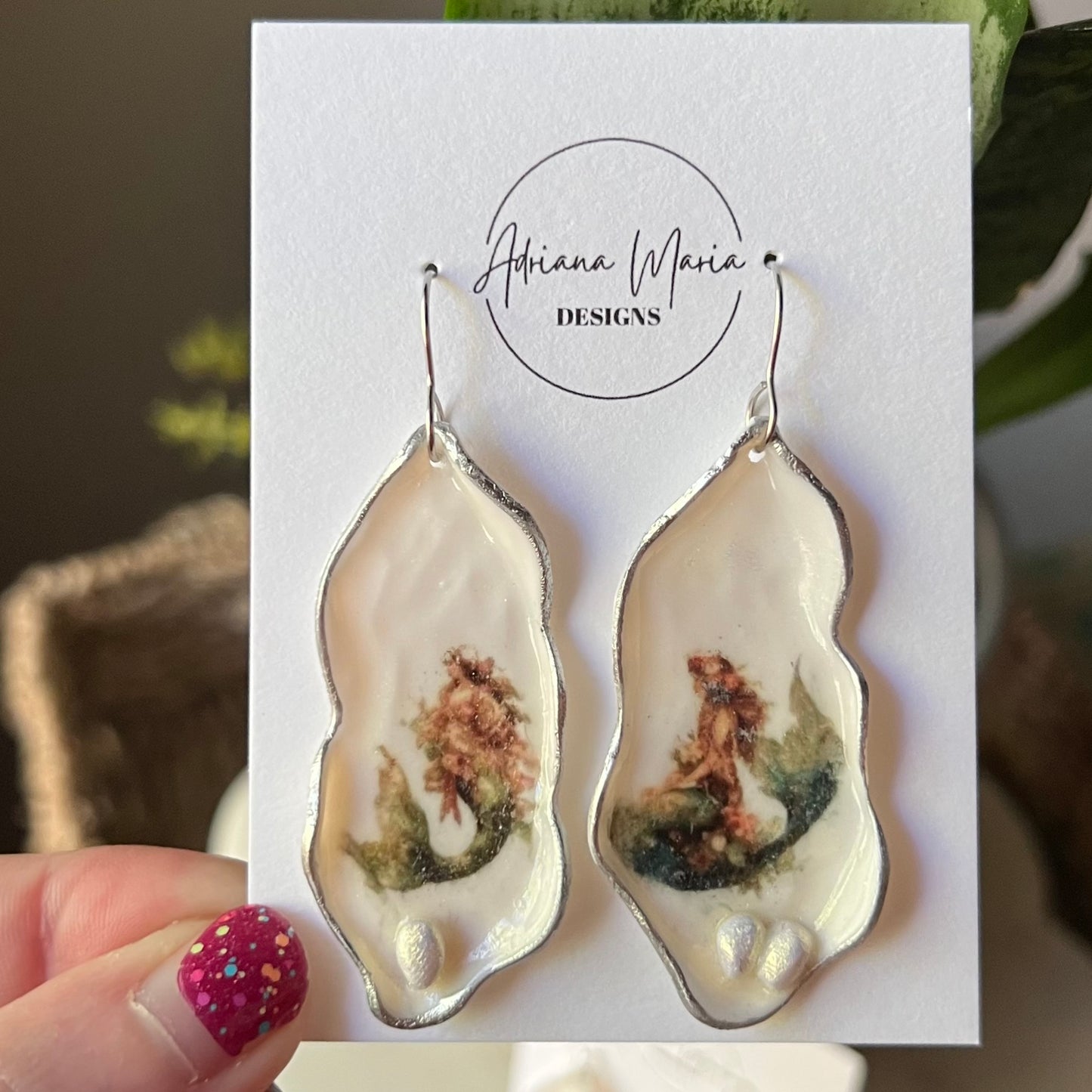 Oyster Clay Earrings with Whimsical Mermaid Print, Lightweight Dangles