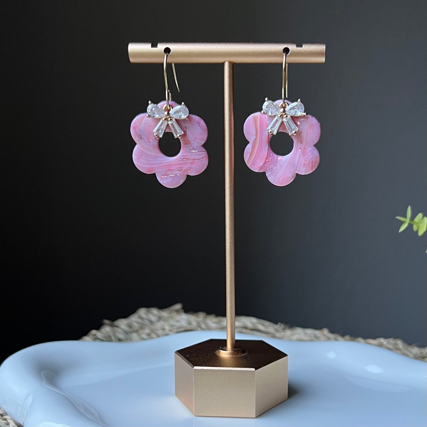 Pink Rose Quartz Inspired Retro Flower Polymer Clay Earrings with Cubic Zirconia Bow