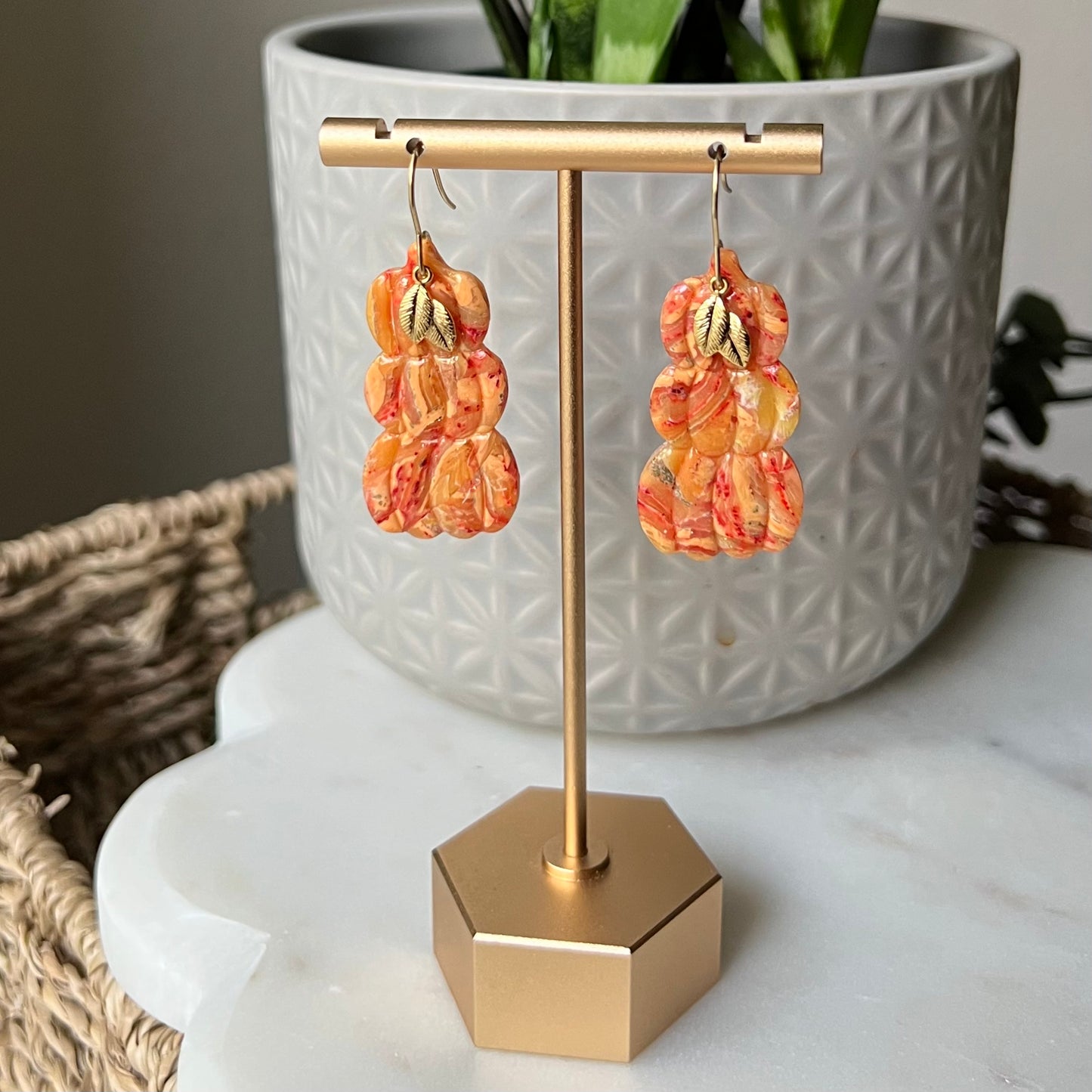 Golden Ember Stacked Pumpkin Polymer Clay Dangle Earrings with gold leaf